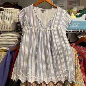 Blue and white blouse with lace design bottom